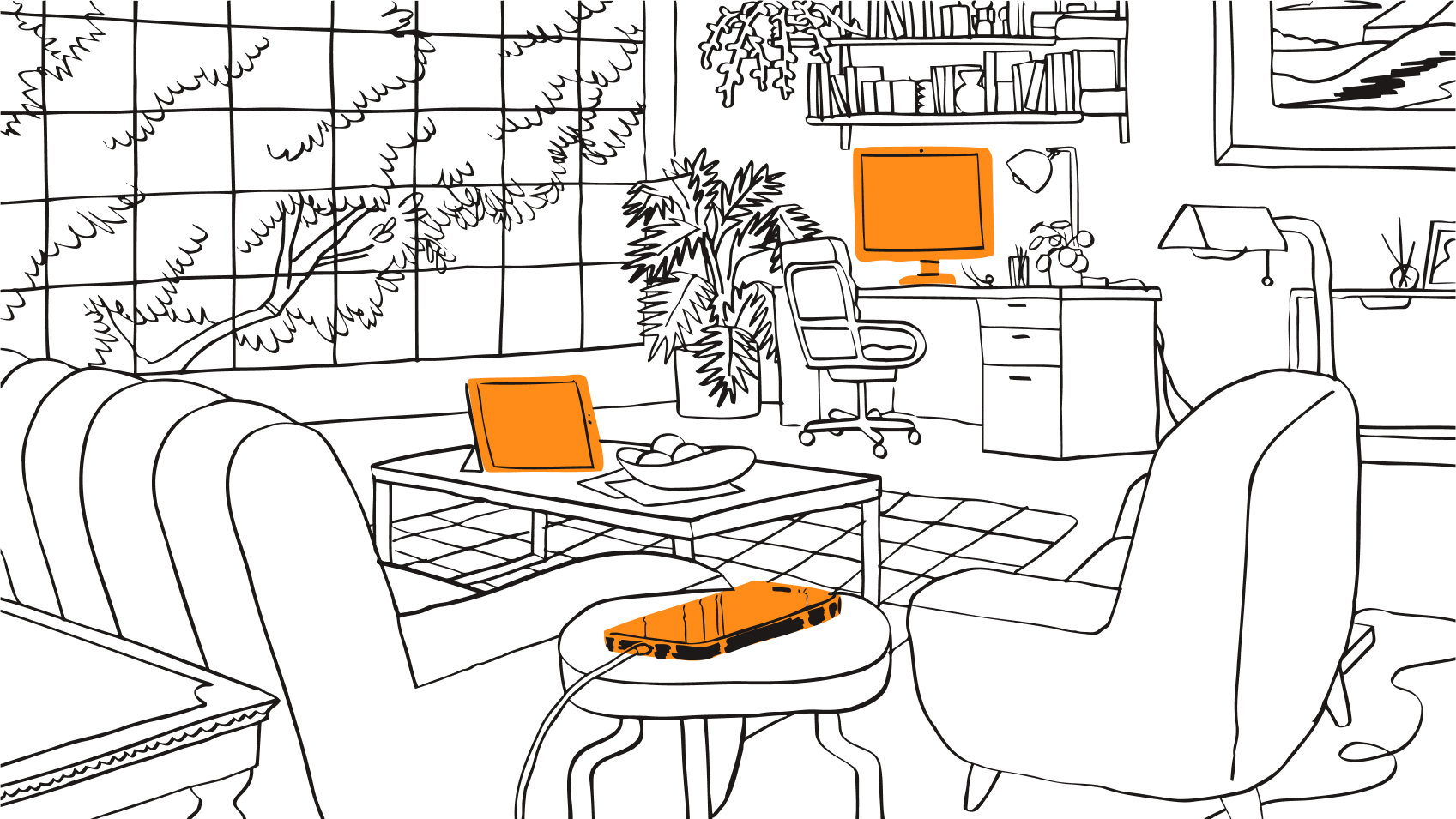 An illustration of a mobile phone, tablet, and computer monitor in a home office.